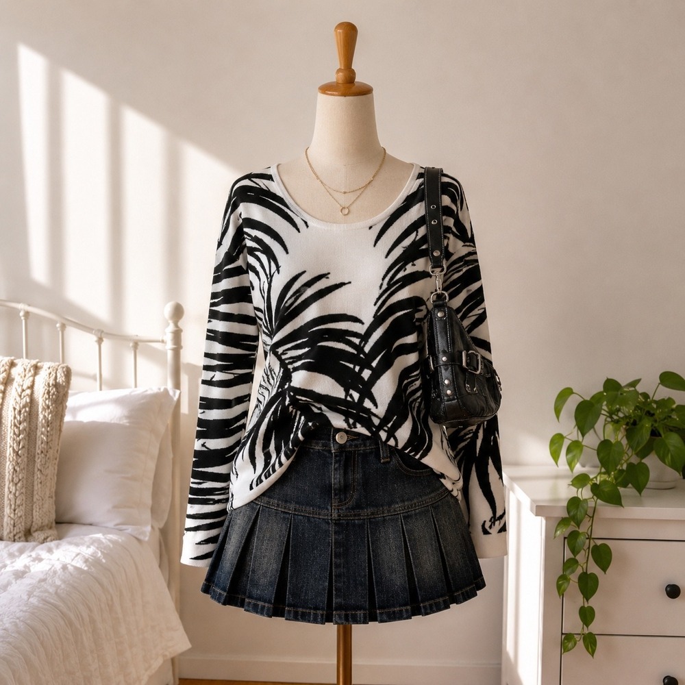 Max Studio Palm Leaf Graphic Knit Sweater Womens Large Black White Streetwear - Picture 1 of 7